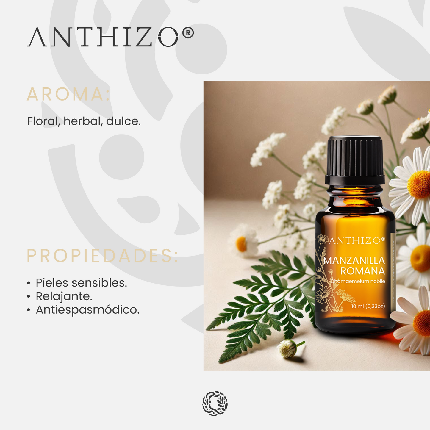 Aceite Esencial Manzanilla Romana (Chamaemelum nobile), 100% Puro, Piel Sensible, Cólicos y Sedante Nervioso, ANTHIZO 10ml