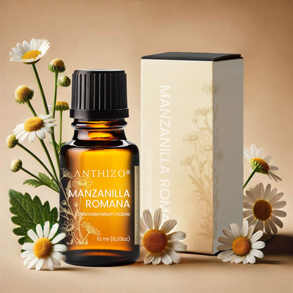 Aceite Esencial Manzanilla Romana (Chamaemelum nobile), 100% Puro, Piel Sensible, Cólicos y Sedante Nervioso, ANTHIZO 10ml