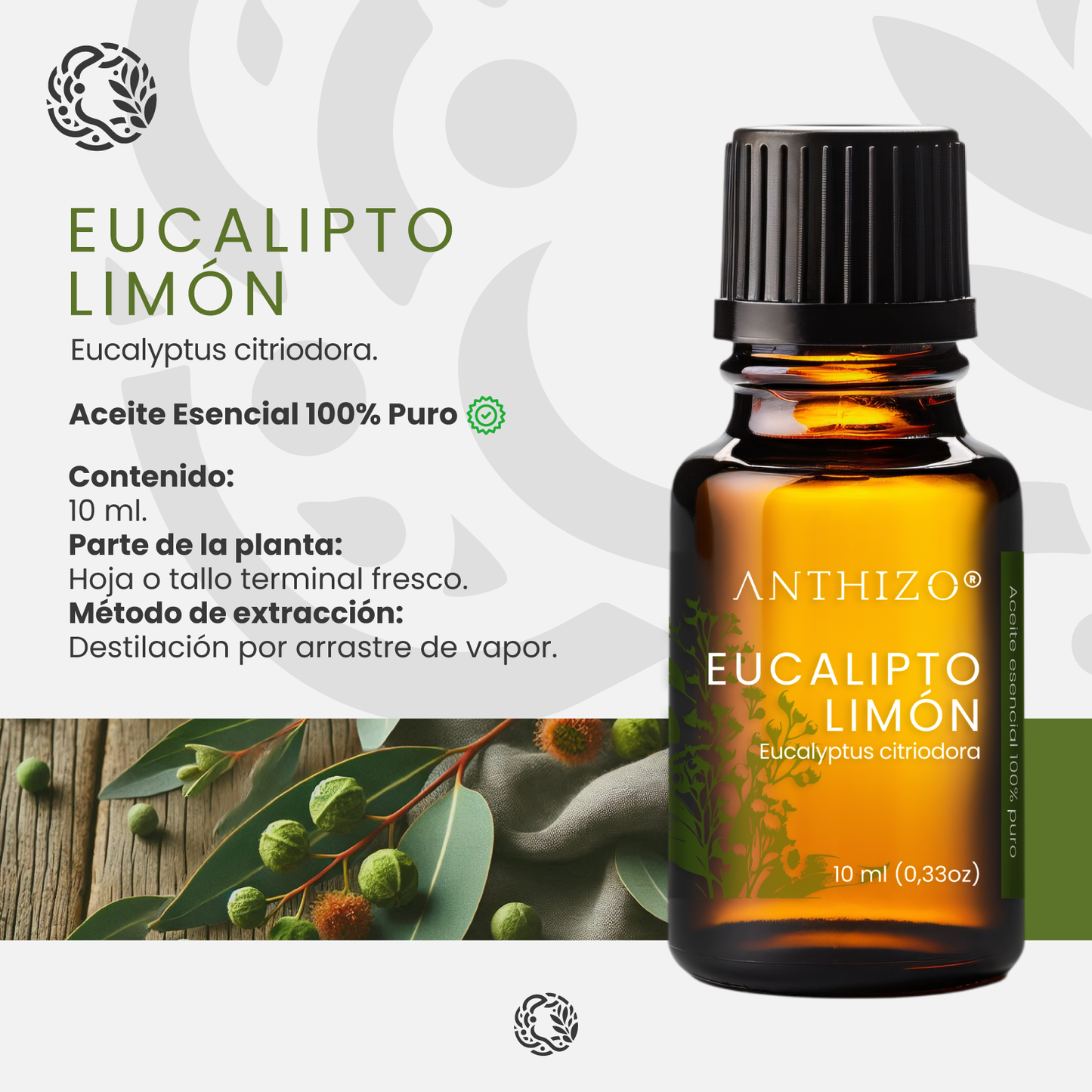 Aceite esencial Eucalipto Limón envase frasco ámbar 10ml – Anthizo