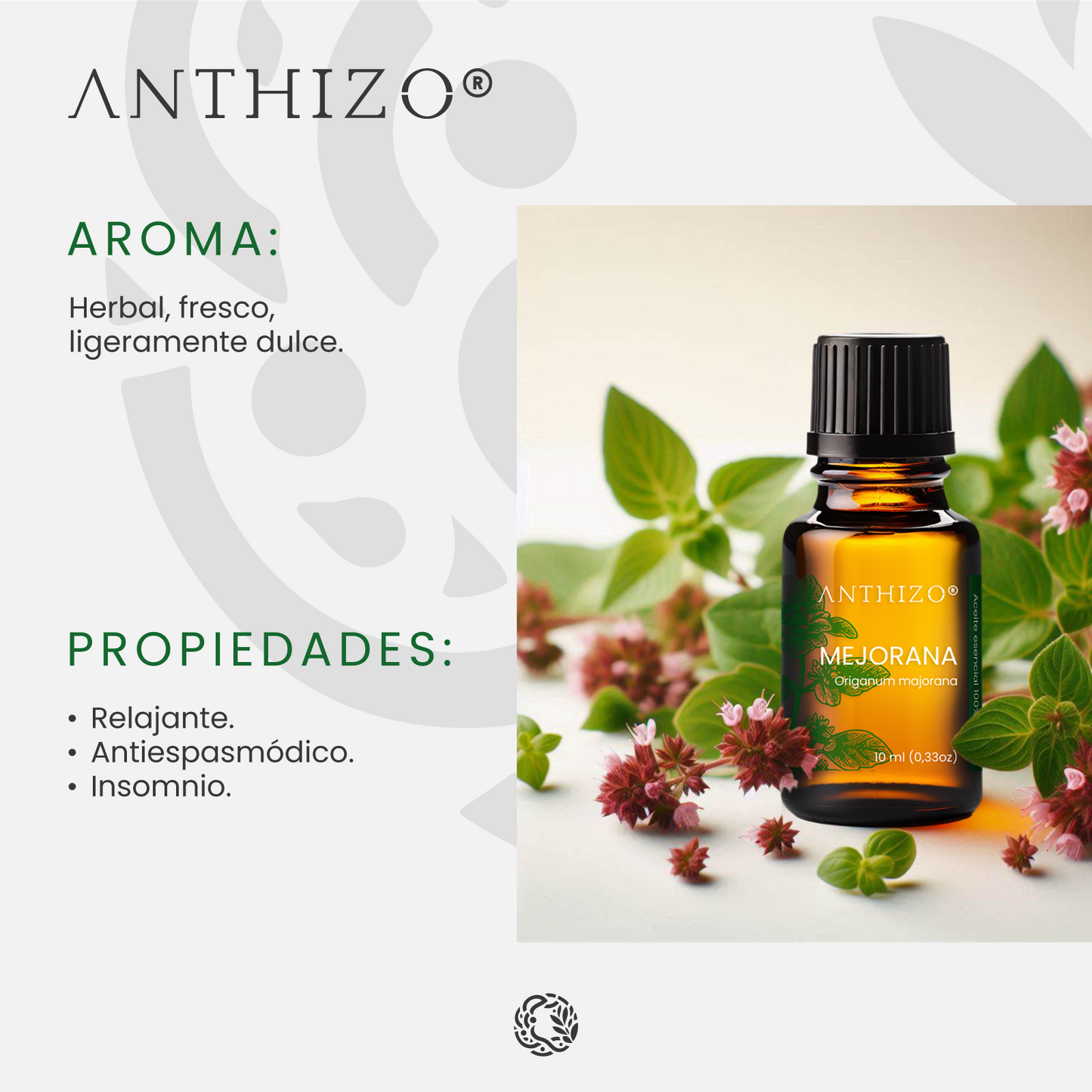 Aceite Esencial Mejorana (Origanum majorana), 100% Puro, Insomnio, Sedante y Dolores Reumáticos, ANTHIZO 10ml
