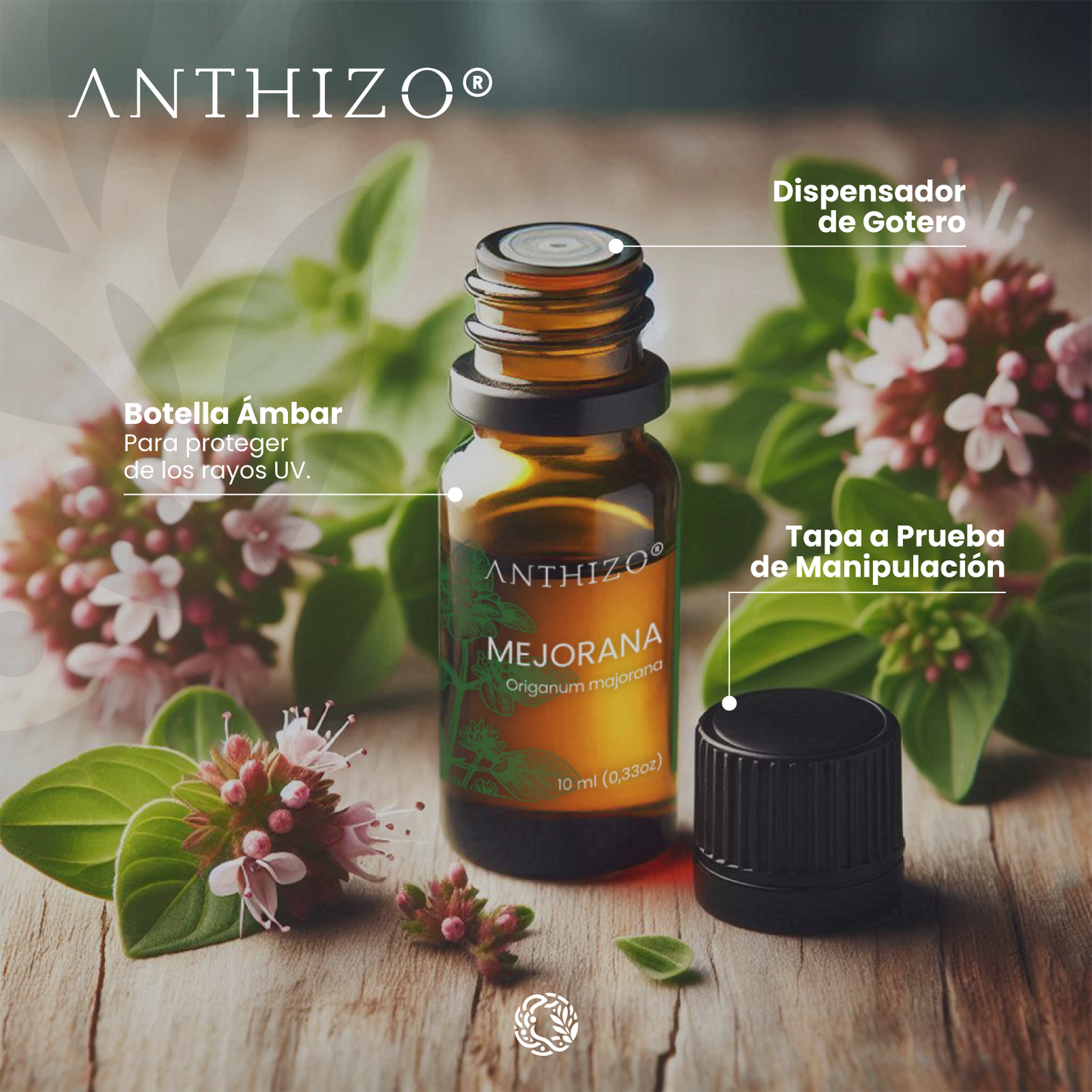 Aceite Esencial Mejorana (Origanum majorana), 100% Puro, Insomnio, Sedante y Dolores Reumáticos, ANTHIZO 10ml