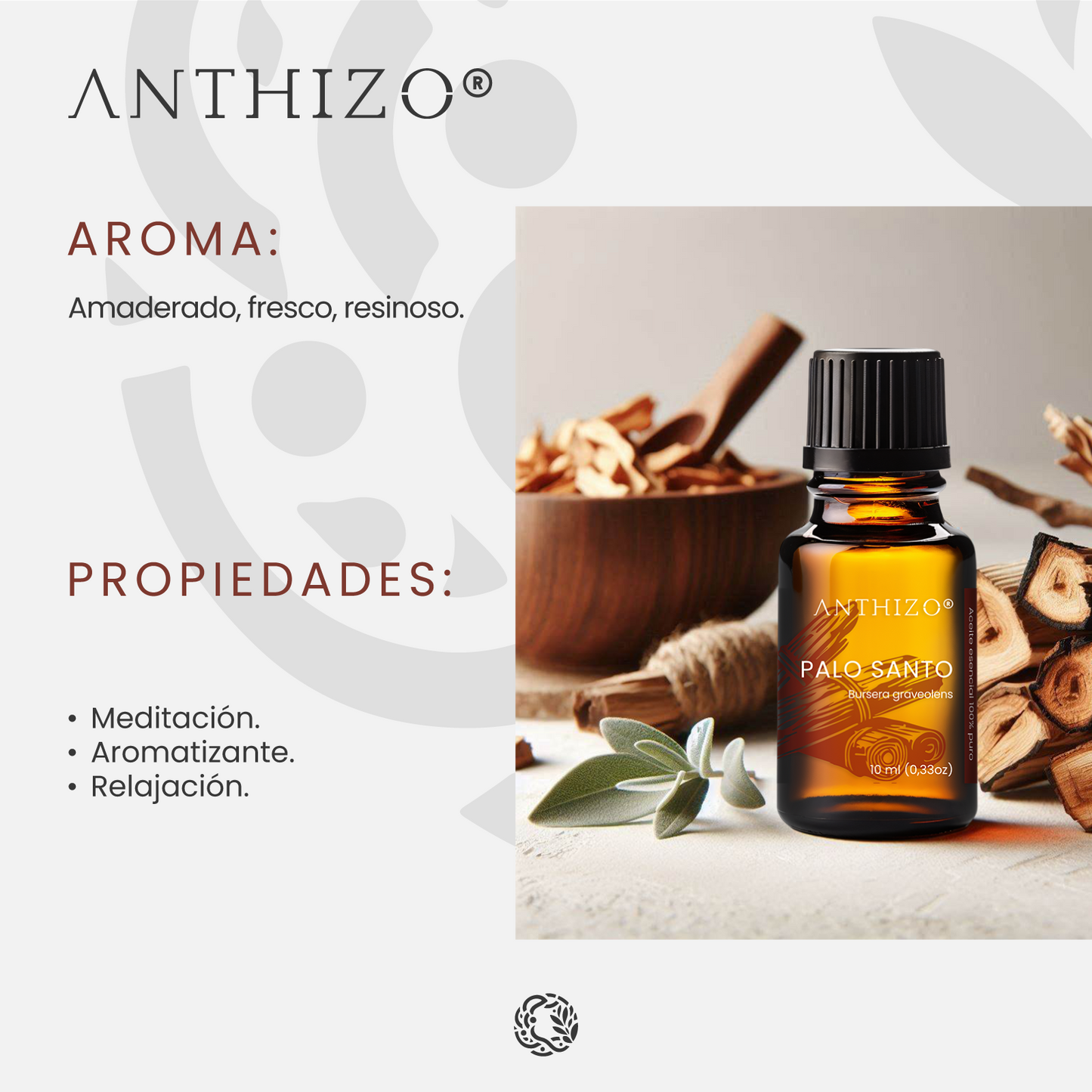 Aceite Esencial Palo Santo (Bursera graveolens), 100% Puro, Meditación, Limpieza Energética y Relajación, ANTHIZO 10ml