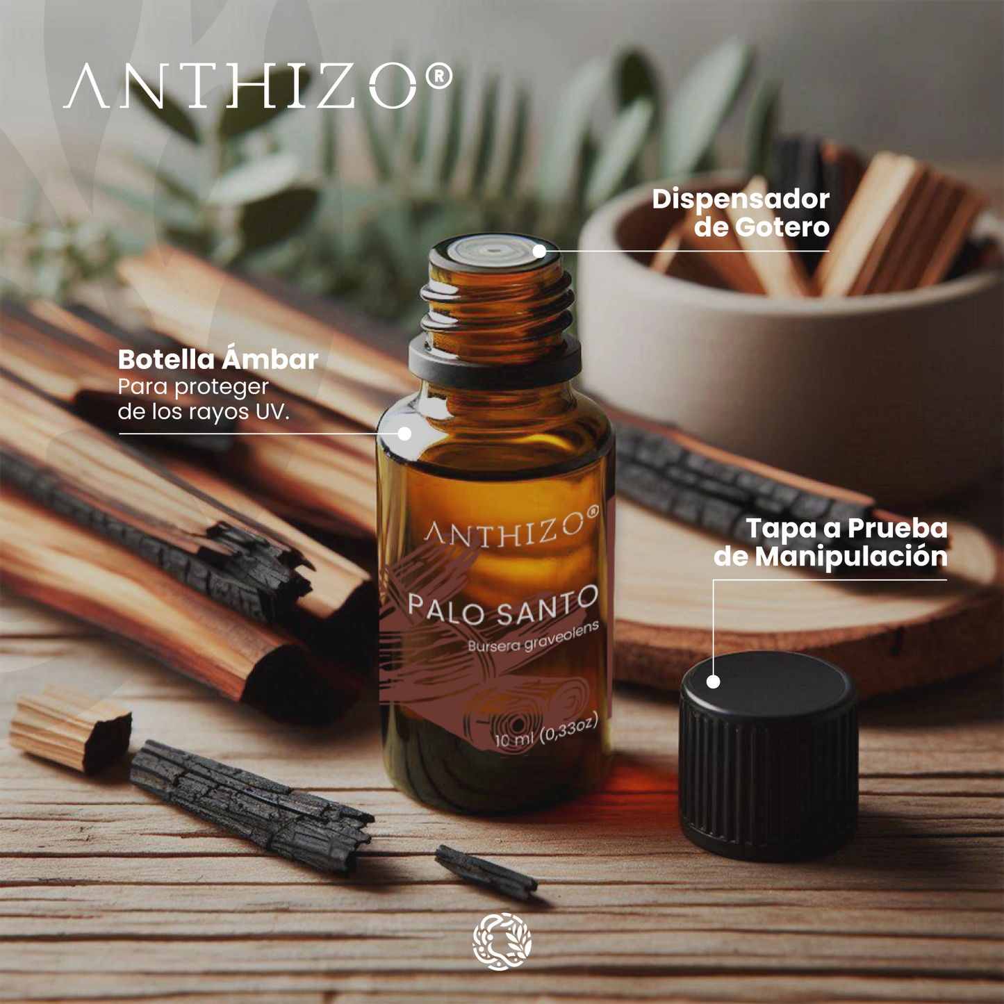 Aceite Esencial Palo Santo (Bursera graveolens), 100% Puro, Meditación, Limpieza Energética y Relajación, ANTHIZO 10ml
