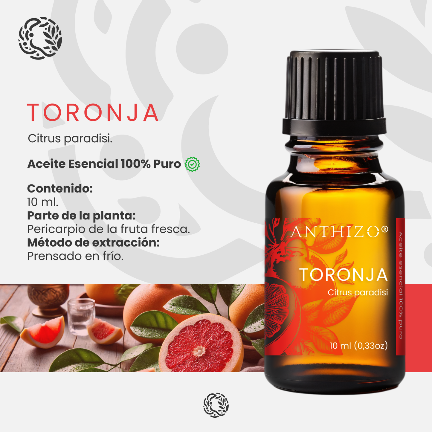 Aceite Esencial Toronja (Grapefruit) (Citrus paradisi), 100% Puro, Celulitis, Reafirmante y Drenaje Linfático, ANTHIZO 10ml