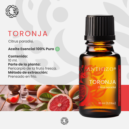 Aceite Esencial Toronja (Grapefruit) (Citrus paradisi), 100% Puro, Celulitis, Reafirmante y Drenaje Linfático, ANTHIZO 10ml