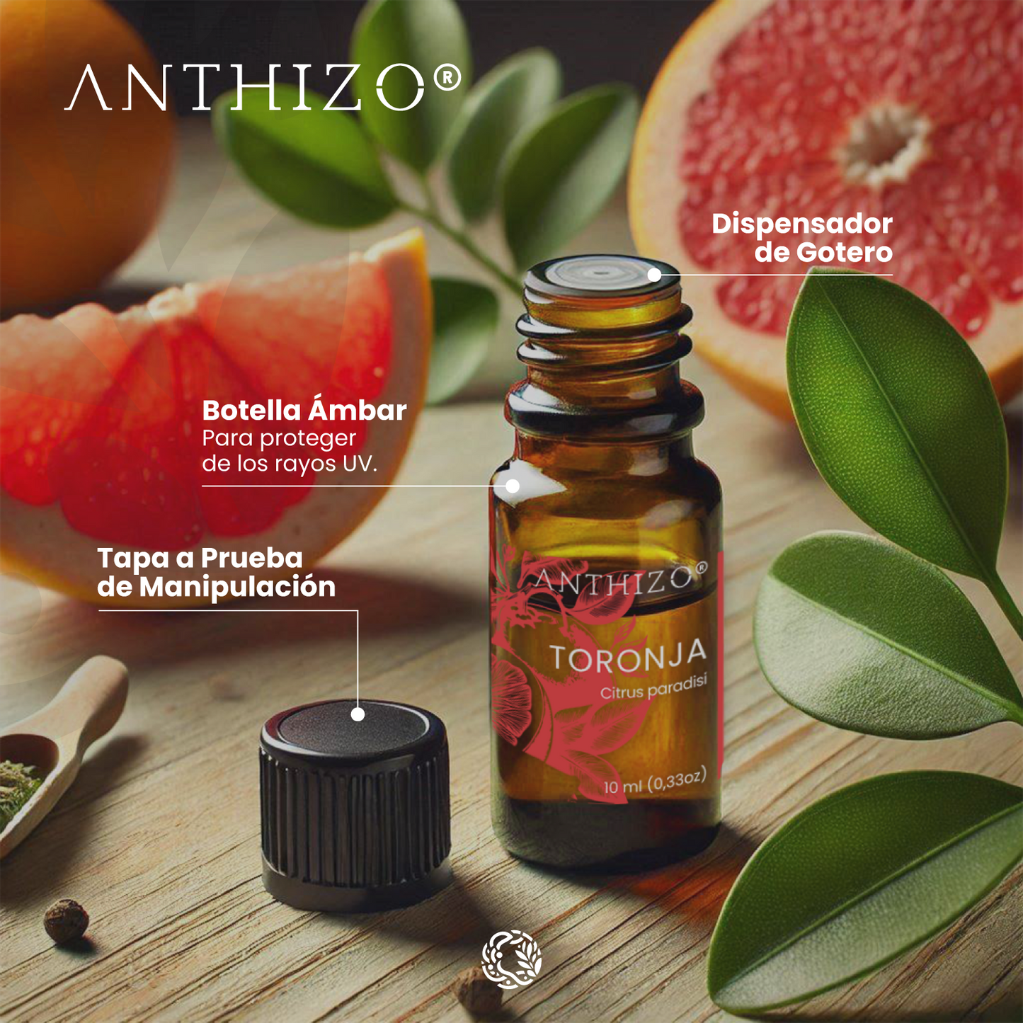 Aceite Esencial Toronja (Grapefruit) (Citrus paradisi), 100% Puro, Celulitis, Reafirmante y Drenaje Linfático, ANTHIZO 10ml
