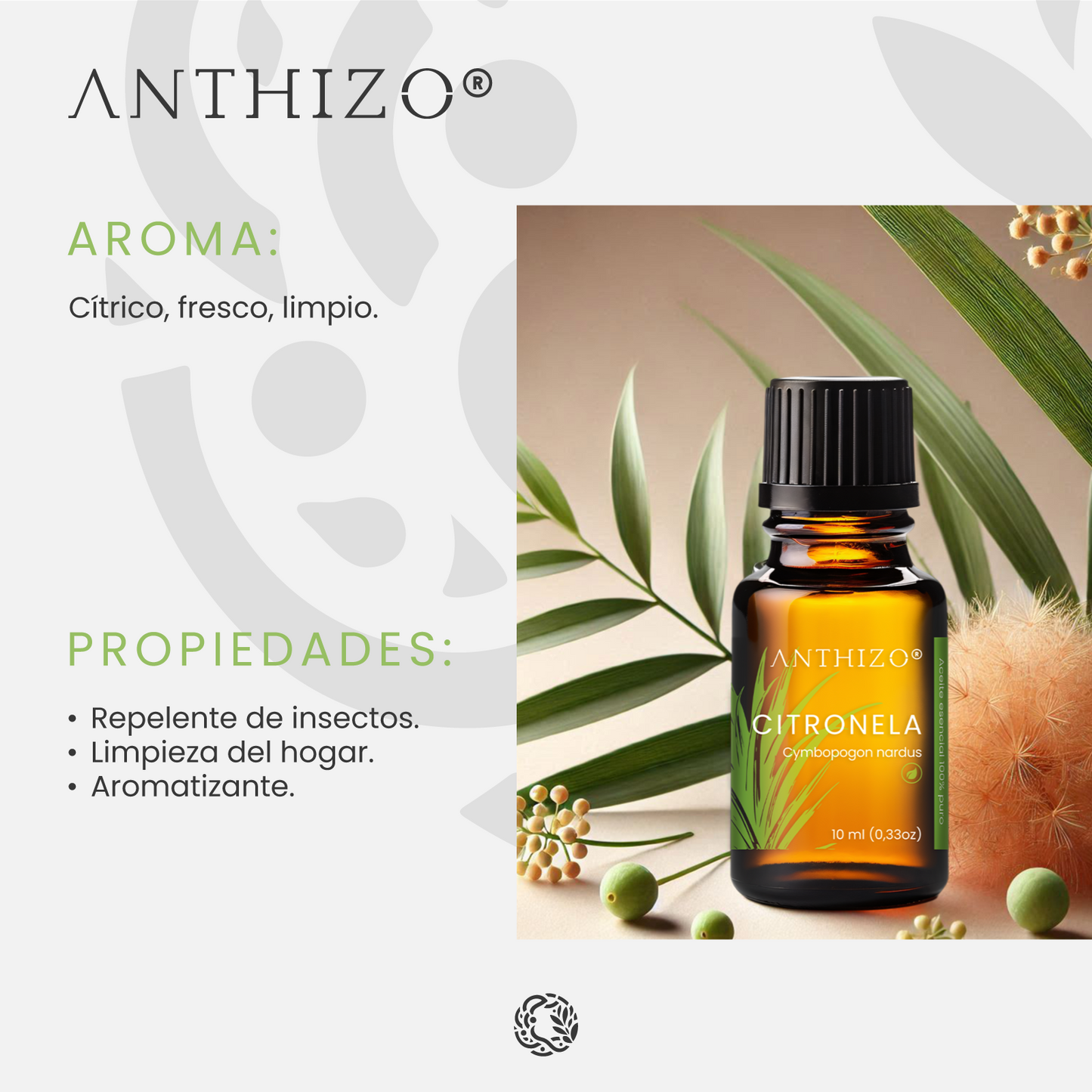Aceite Esencial Citronela (Cymbopogon nardus), ORGÁNICO, Repelente de Mosquitos y Aromatizante, ANTHIZO 10ml