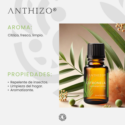 Aceite Esencial Citronela (Cymbopogon nardus), ORGÁNICO, Repelente de Mosquitos y Aromatizante, ANTHIZO 10ml