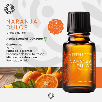 Aceite Esencial de Naranja Dulce Orgánica (Citrus sinensis) | Antiespasmódico, Antiestrés y Luminosidad Cutánea Certificada