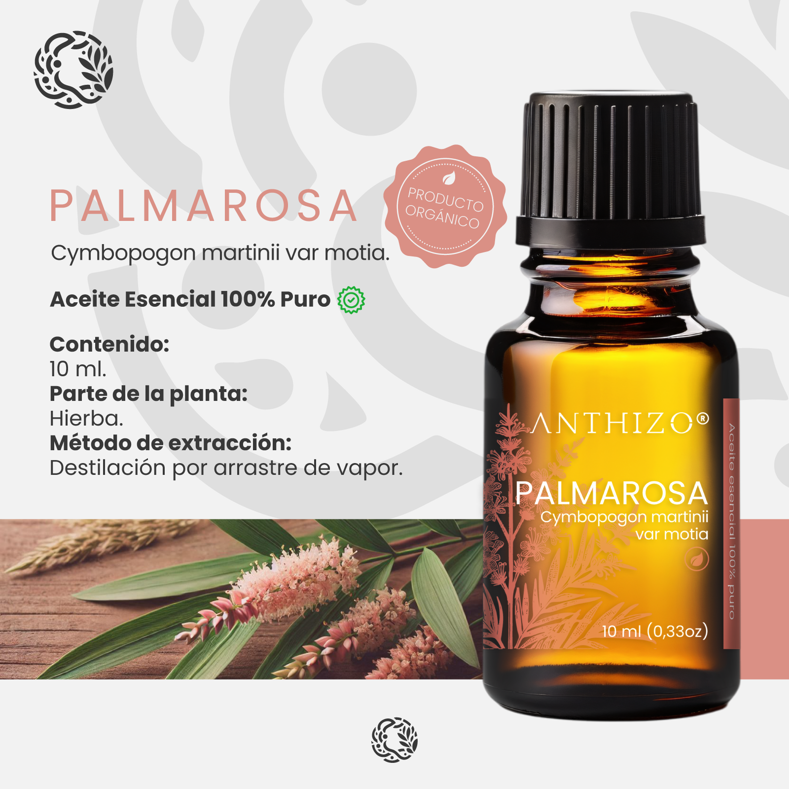 Aceite esencial Palmarosa orgánico aromaterapia y masaje – Anthizo México