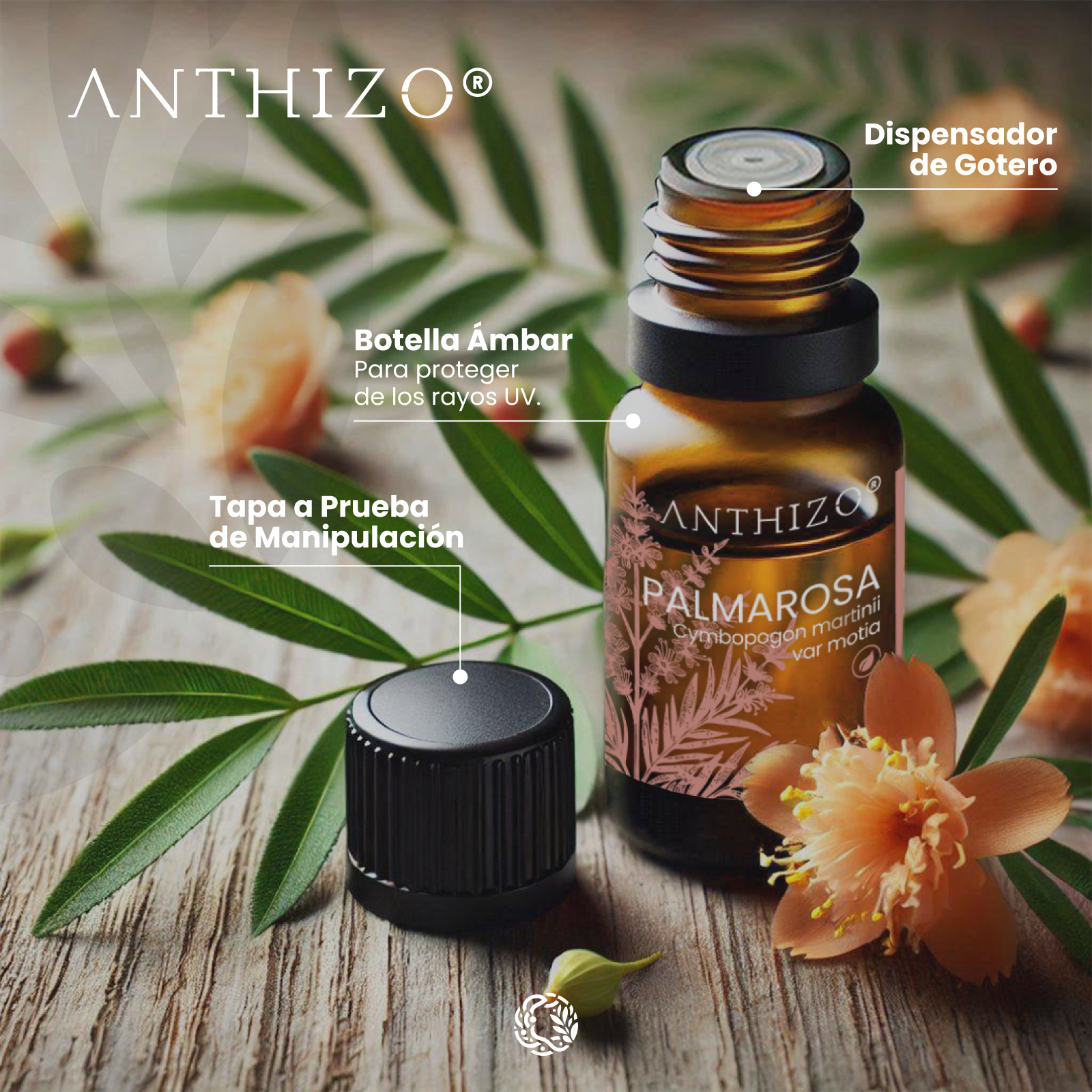 Aceite esencial Palmarosa orgánico envase frasco ámbar 10ml – Anthizo