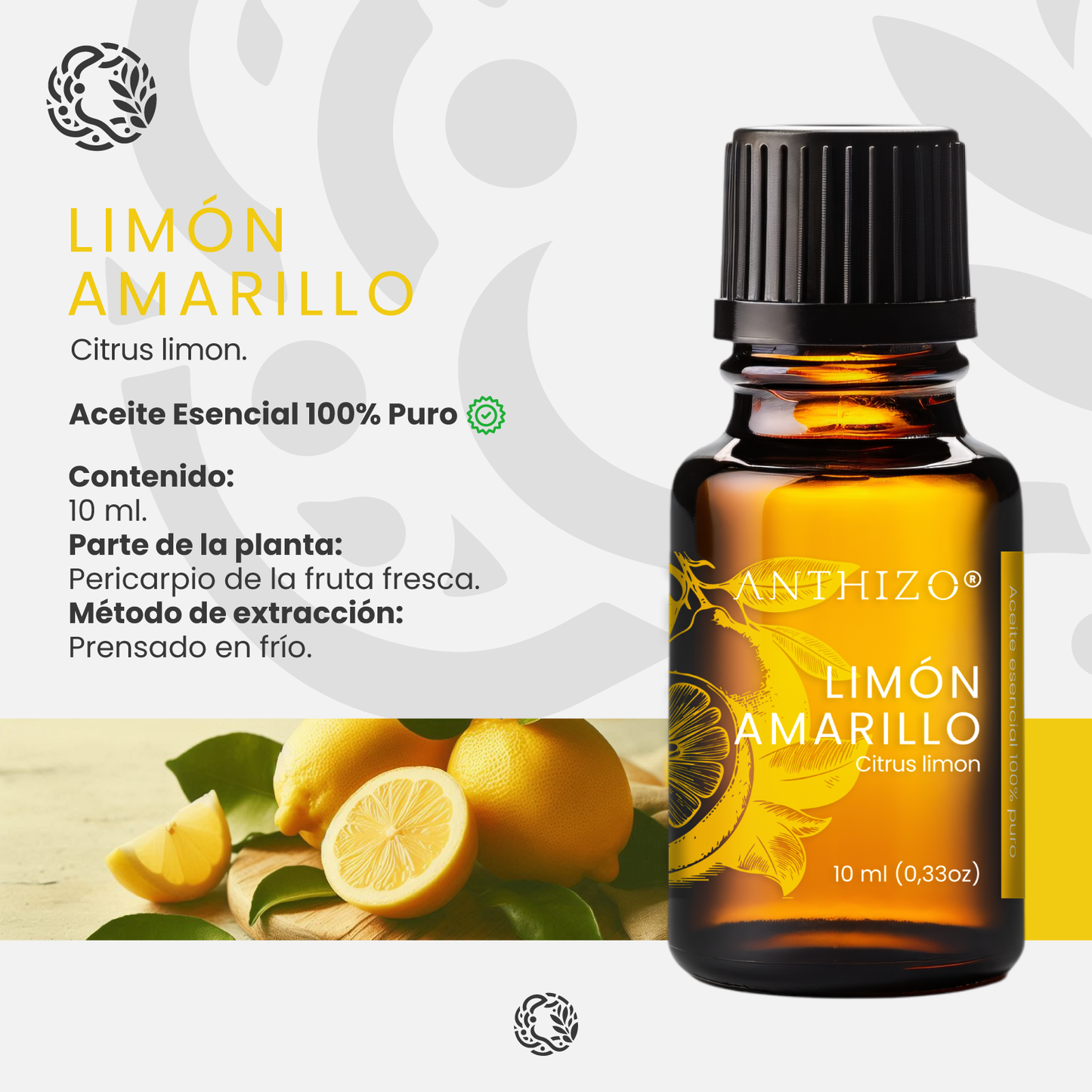 Aceite Esencial Limón Amarillo (Citrus limon), 100% Puro, Desinfectante, Desintoxicante y Limpieza Hogar, ANTHIZO 10ml