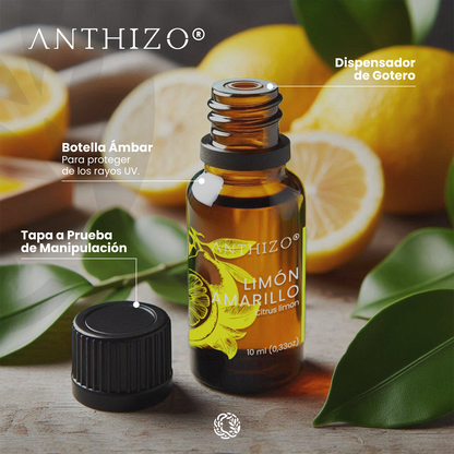 Aceite Esencial Limón Amarillo (Citrus limon), 100% Puro, Desinfectante, Desintoxicante y Limpieza Hogar, ANTHIZO 10ml
