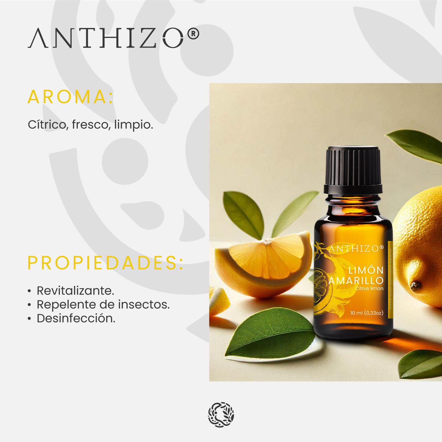 Aceite Esencial Limón Amarillo (Citrus limon), 100% Puro, Desinfectante, Desintoxicante y Limpieza Hogar, ANTHIZO 10ml