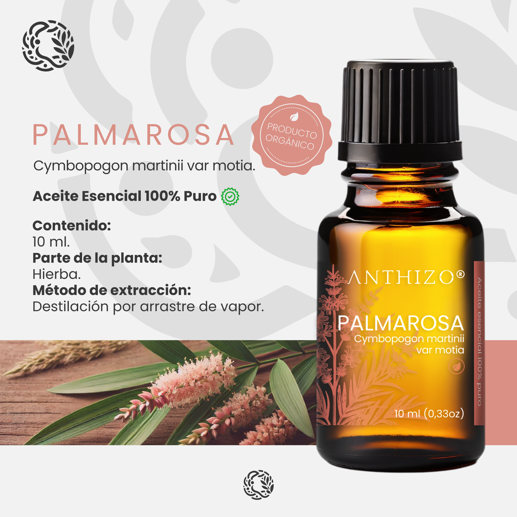 Aceite Esencial de Palmarosa Orgánico (Cymbopogon Martinii), 100% Puro, ANTHIZO