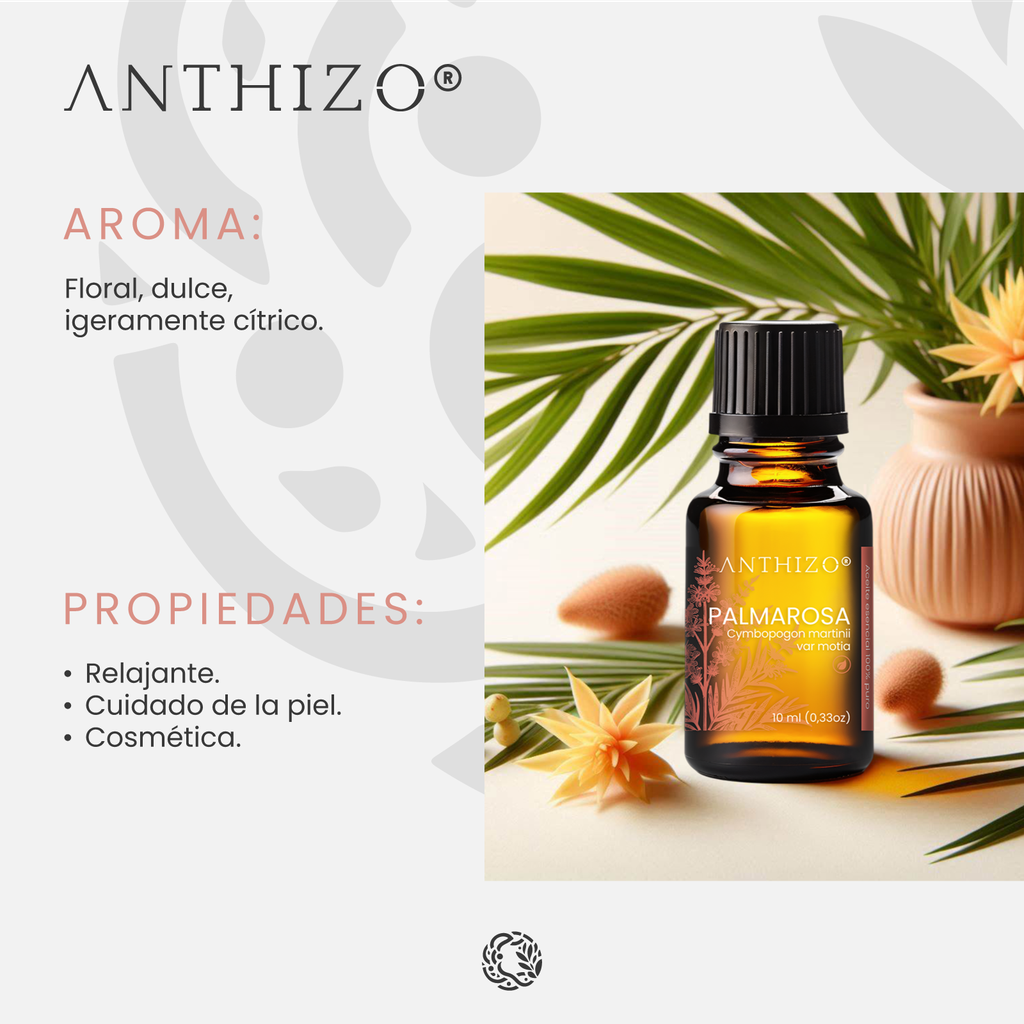 Aceite Esencial de Palmarosa Orgánico (Cymbopogon Martinii), 100% Puro, ANTHIZO